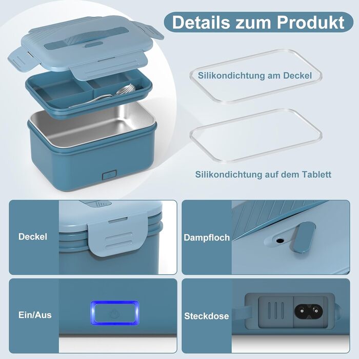 Vabaso 100W Electric Lunch Box for Adults, Thermo Lunch Box with Cutlery and Insulated Lunch Bag, 12/24/230V, Leak-Proof, 1.8 L Large Container, Lunch Box with Compartments for Car, Truck, Home, Blue