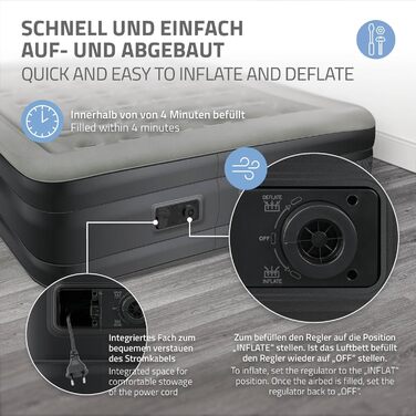 Надувна матрац 2 персони ML-Design 203x157x47 см сірий, сертифікат TÜV, самонадувний з електричною помпою 230V, для кемпінгу, гостьовий двоспальний матрац + сумка для перенесення сірий