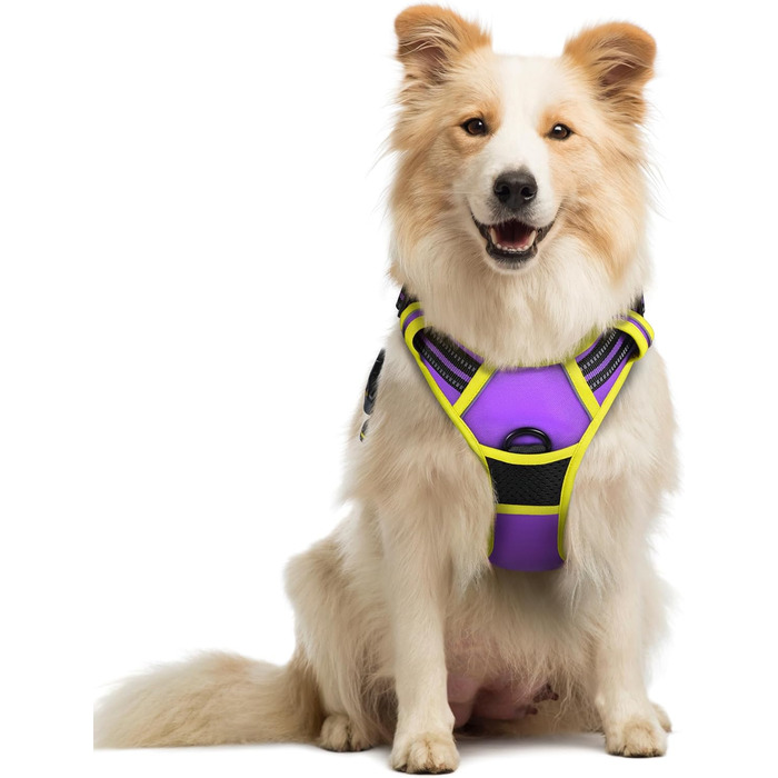 Нагрудник для собак Rabbitgoo середнього розміру, анти-тяга, регульований, для великих собак, дихаючий, зі світловідбиваючими смугами, безпечне керування, L (фіолетовий+жовтий, упаковка з 1 шт.)
