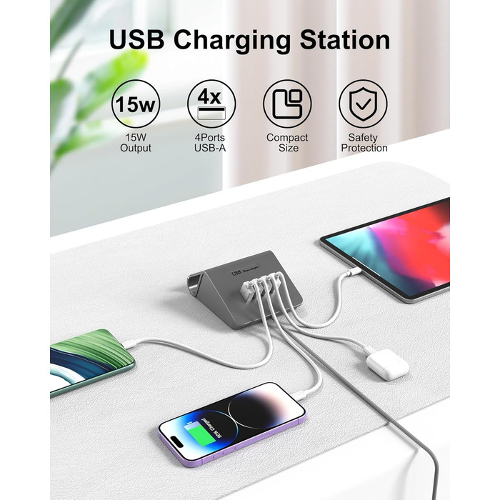 Багатопортова USB зарядка POANES 25W: 4 порти для iPhone, Samsung, LG, Huawei та інших пристроїв (Чорний/Сірий)