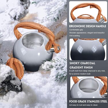Чайник для плити GGC з регулятором рівня води 3.1 л / 3 л, з свистком, градієнт кольору сірий/чорний, з дерев'яною ручкою, з нержавіючої сталі для дому