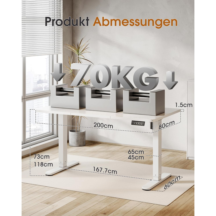 Adjustable Height Standing Desk with Monitor Stand - Ergonomic Electric Sit-Stand Desk, 120x60cm & 200x80cm White