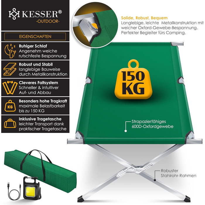 Кемпінг-ліжко KESSER® Klappbett з сумкою, ліхтарем та кишенею, 190 см, сталевий каркас, 600D Oxford, зручне для подорожей