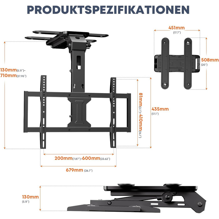 Електричний стельовий кронштейн для телевізора 37-75 дюймів, чорний - похилий, з пультом ДУ, до 45 кг