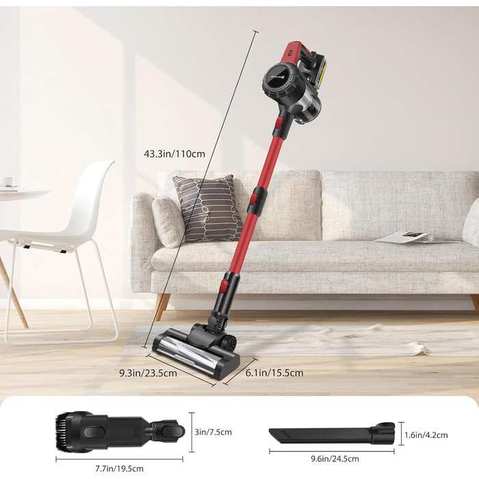 Бездротовий акумуляторний пилосос з антизаплутувальною насадкою, фільтрація 99,999%, для автомобіля та будь-яких поверхонь (червоний, незнімний акумулятор)