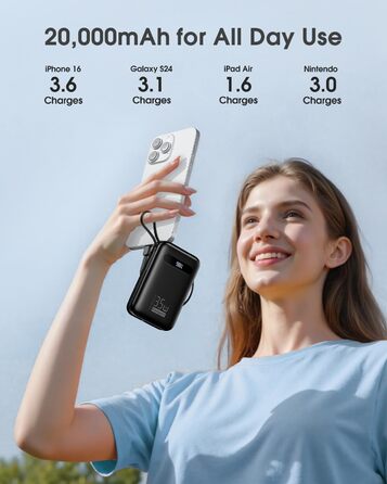 Powerbank 20000mAh з PD 35W, USB-C кабель, LED дисплеєм та 8 Pin кабелем. Чорний акумулятор для iPhone, iPad, Samsung Galaxy, Huawei та інших пристроїв