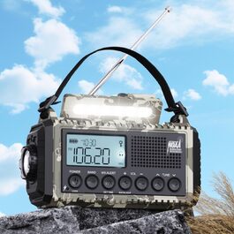Радіо на механічній ручці з сонячною панеллю та Powerbank 12000mAh | AM/FM/SW радіо для надзвичайних ситуацій, зарядка USB-C, SOS-сигнал, ліхтарик та лампа для читання | Водонепроникне, портативне для кемпінгу, туризму (Сірий камуфляж)