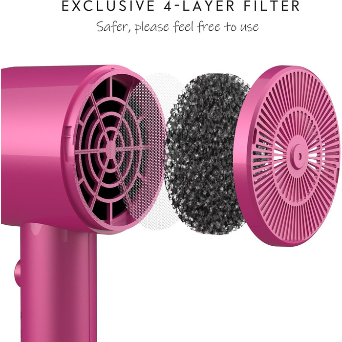 Фен AINA з дифузором, для жінок | Іон-технологія, керамічне покриття, холодний струмінь, 230v~ (неоново-рожевий)