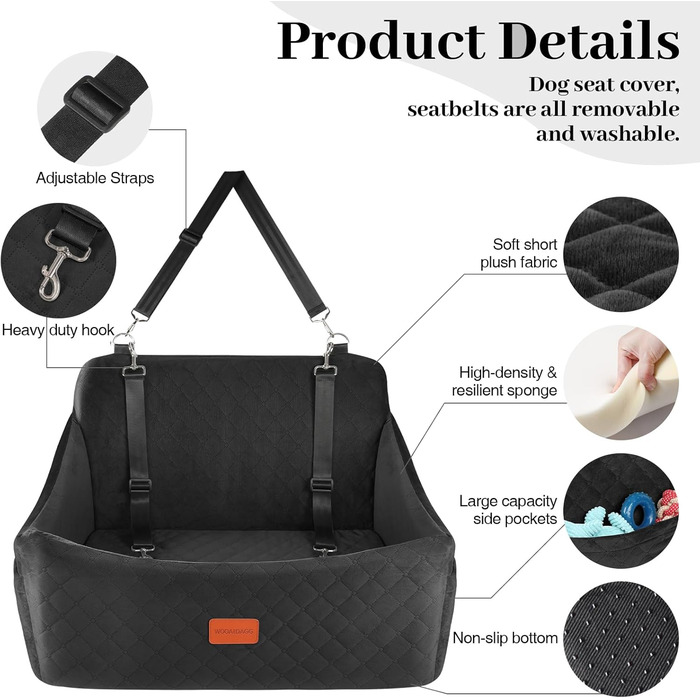 Wooaidagg Memory Foam Dog Car Seat - Washable & Detachable Pet Bed for Medium & Large Dogs - Includes 2 Leashes (Black, Large)