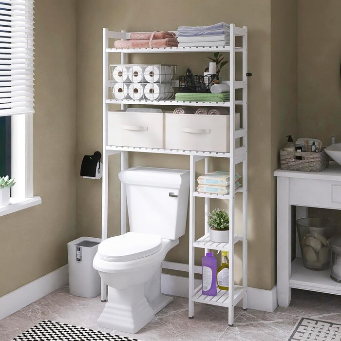 SMIBUY Over The Toilet Storage, 6-Tier Bamboo Bathroom Shelf with Drawers, Freestanding Over the Toilet Organizer Rack, Ample Storage, Space Saver for Small Spaces (Natural) (White)