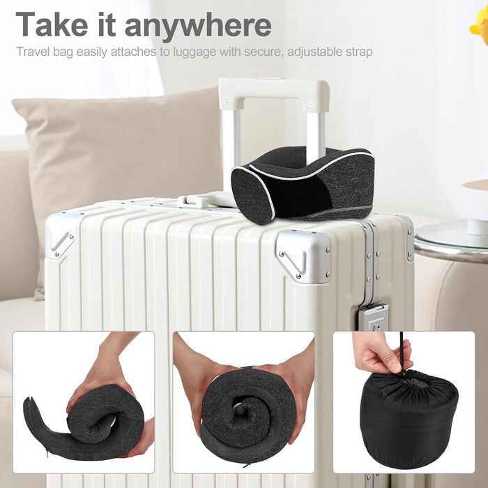 Подушка для шиї з піною Memory Foam, комплект з маскою для очей, навушниками та чохлом, ергономічна, для подорожей (темно-сіра)