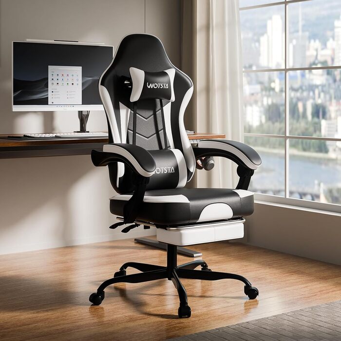 Геймерське крісло Ergonoma з підставкою для ніг, чорно-біле - Офісне крісло з підтримкою попереку