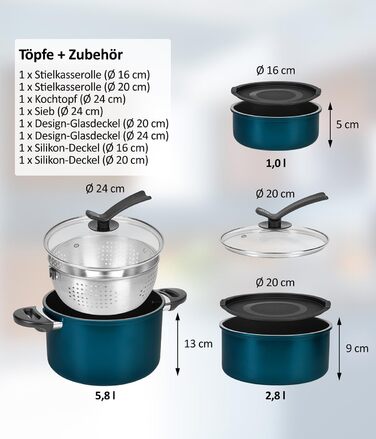 Набір посуду Kelton 27 предметів: каструлі, сковороди з антипригарним покриттям, набір для приготування їжі, без PFOA та PTFE, знімні ручки