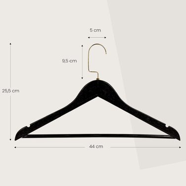 Набір дерев'яних вішаків для одягу RSR-Hangers (10 шт), 44.5 см, з перекладиною для штанів та поворотним золотистим гачком, чорні