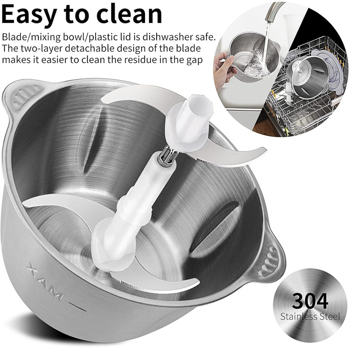 Електричний подрібнювач 600W з чашею з нержавіючої сталі 2L, 2 швидкості, 4 леза для овочів та часнику