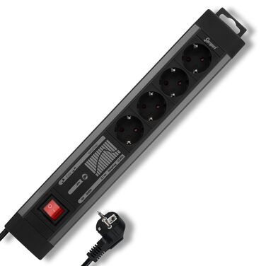 Многофункціональна мережева розетка REV SupraGuard 4-fach з вимикачем, 2.5м кабелю, захистом від перенапруги та фільтром, антрацит-чорний