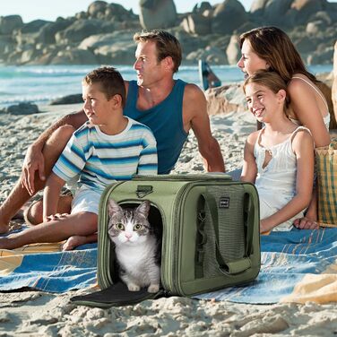 Транспортна переноска для кота та собаки Petsfit - міцна, дихаюча, з ковдрою та ручкою-телескопом, оливковий (49x23x28 см)