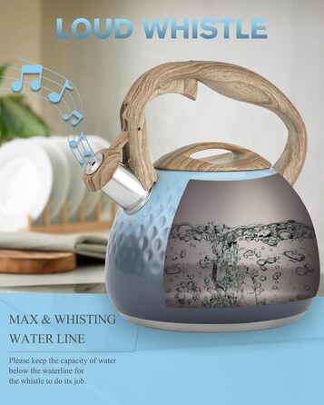 Чайник для заварювання чаю Teekessel 2,7 л з емальованим покриттям, зелений колір з імітацією дерева, з носиком-свистком, з нержавіючої сталі, антипригарне покриття, зручна ручка оливкового кольору з переходом у блакитний