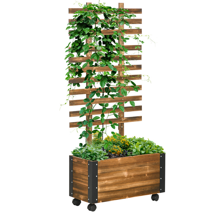 Outsunny Raised Garden Bed with Trellis and Wheels, Flower Box for Climbing Plants, Planter Box Made of Charcoal Wood, 65 x 31 x 147 cm
