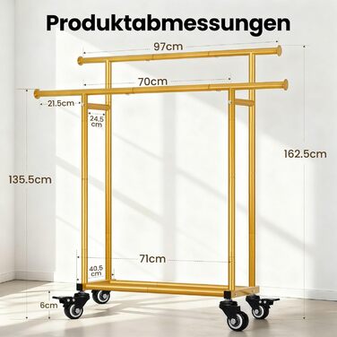 Стійка для одягу Sour Lemon на коліщатках, 95 кг, з подвійними перекладинами та полицею, золото (113x41x162 см)