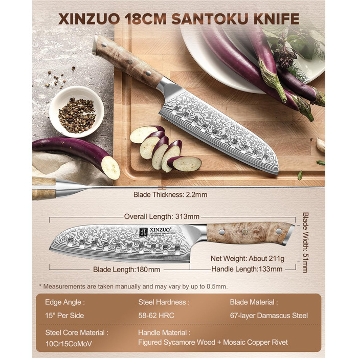 Ніж кухарський Kiritsuke XINZUO Damaststahl 14.8 см, сталь 10Cr15CoMoV, рукоять з клена, для м'яса, риби, овочів