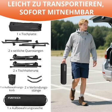 FUNYKICH Складаний туристичний стіл для кемпінгу 82 x 40 см, регулювання висоти (44/70 см), легка збірка, портативний стіл з сітчастою кишенею, алюмінієва розкладна стільниця для барбекю, кемпінгу, вечірки, саду (тканинна стільниця - 59 x 43 x 51 см)