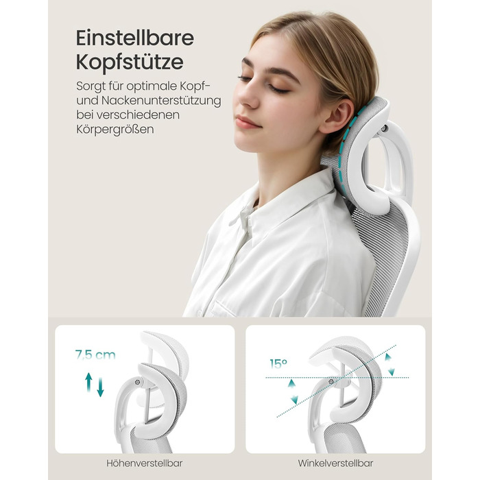 Офісне крісло SONGMICS з ергономічною спинкою з сітки, підпору для попереку та підголівником, функцією гойдання, регульованими підлокітниками, для офісу, спальні, студентів, OBN37BK (Тауновий сірий)