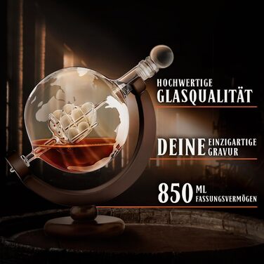 Maverton Whisky Decanter with Engraving - Globe with Ship, 850 ml - Set of 6 Whisky Glasses - Whisky Decanter - Christmas Gifts - Birthday Gift for Men - Personalized - Gentleman Whiskey
