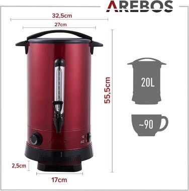 Arebos Hot Wine Heater 1650 W | Hot Beverage Dispenser | 20 L | with drip tray, tap, thermostat and overheat protection | Temperature setting from 30-110 °C (Red)