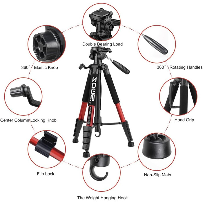 Легкий штатив для камери DSLR та смартфона 188 см, портативний тринога для відеозйомки, влоггінгу та стрімів з сумкою для перенесення, червоний