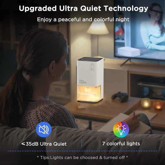 Електричний осушувач повітря EasyAcc 1200 мл, тихий, портативний, з нічним світлом, для офісу/спальні/ванної кімнати