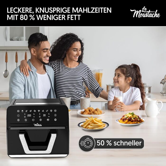 La Moustache фритюрниця повітряна 6,5 л, 1700 Вт, 8 програм, цифрове сенсорне управління, антипригарна, таймер, книга рецептів, без олії (Essential Plus)