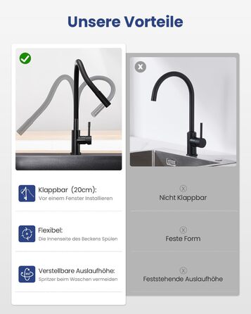 Змішувач для кухні гнучкий чорний, нержавіюча сталь, 2 режими струменя, 360° поворот, кухонний змішувач, преміум якість