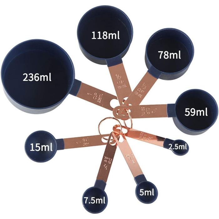 Measuring spoons, stainless steel handle, rose gold-plated plastic measuring cup, 8-piece graduated measuring spoon set (blue, 8 pieces) (blue 8 pieces)