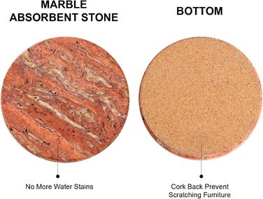 HAMAKAWA Genuine Natural Marble Coasters, Set of 4, Red Stone Coasters Φ10cm, Modern Round Travertine Drink Coasters for Home Decoration, Coffee Table, Office