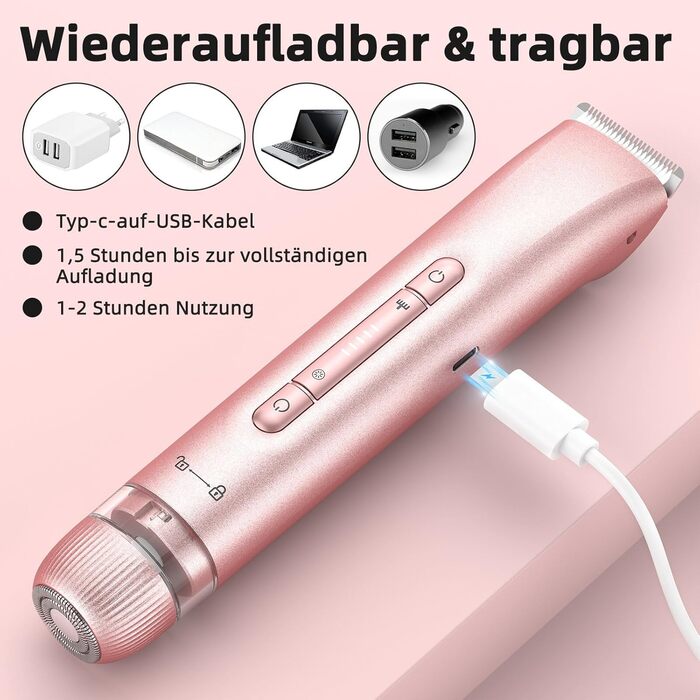 Електричний пристрій для видалення волосся Lady Shaver 2-в-1: електробритва та тример для бікіні. Безболісне видалення волосся для обличчя, тіла, ніг, рук та зони бікіні. IPX7 водонепроникний, рожевий колір.