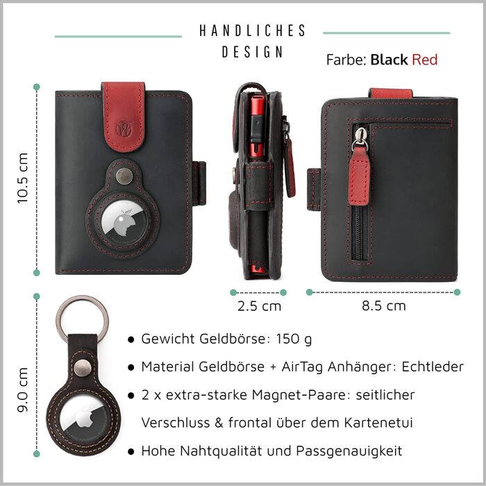Will Fire® AirTag Wallet with Photo Pouch | Includes AirTag Attachment | Genuine Leather Wallet with Coin & Bill Compartments | Extra Secured RFID Card Holder | Space for up to (12) Cards | [Black-Red, Smooth Leather]