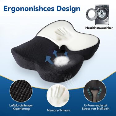 Подушка ортопедична для сидіння Warmiehomy з піни Memory Foam для офісного крісла, автомобіля, при геморої та болях в куприку 38.5x45.5x11.5 см