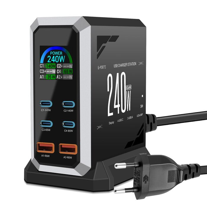 Зарядний пристрій USB C 240W, 6 портів: 4x USB-C + 2x USB-A для MacBook, iPad, iPhone 15 Pro, Samsung та інших пристроїв – швидка зарядка