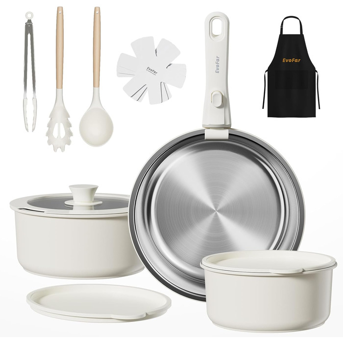 Набір посуду з нержавіючої сталі 14 предметів: сковорода 24 см, каструлі 18/20 см, знімні ручки, керамічне покриття, підходить для всіх плит, білий