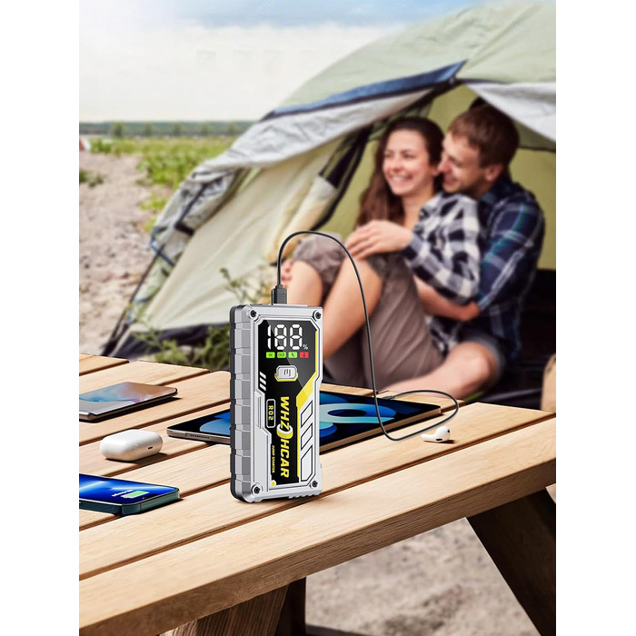 Powerbank Starthilfe 5000A з LCD екраном для автомобіля 12V. Зарядний пристрій для акумулятора авто з LED ліхтариком, підходить для 10л бензину або 9л дизеля. Срібний колір.