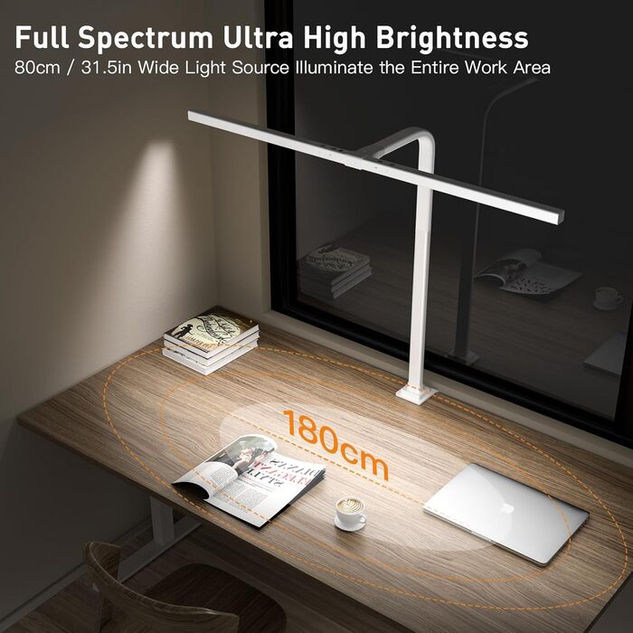 LED лампа настільна з авторегулюванням яскравості, 80 см, кріплення-прищіпка, регульована колірна температура, захист для очей, повний спектр денного світла, таймер, білий колір