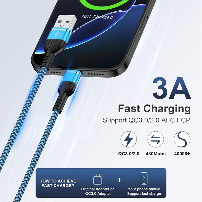 Кабель USB Type-C, 3 шт. (3м+2м+1м) для Samsung, Huawei, Xiaomi: швидка зарядка та передача даних, нейлон