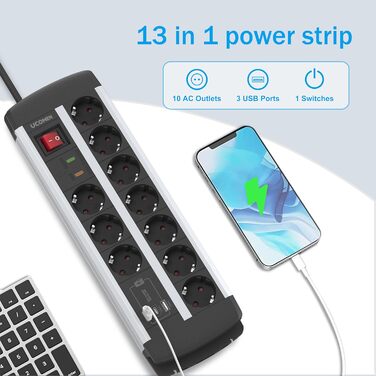 Многофункціональна мережева панель Ucomen з USB та захистом від перенапруги (3680W, 16A) для комп'ютерних столів, 10 розеток, 20W USB-A та USB-C зарядка, кабель 1.5м