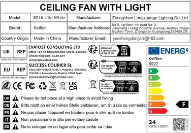 Стельовий вентилятор Kviflon з LED підсвіткою та пультом ДУ, 132 см, білий - для внутрішнього/зовнішнього використання