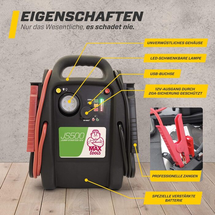 Бустер для авто MAXTOOLS JS500 2200A 22Ah — Пусковий пристрій (Jump Starter) для 12V дизельних та бензинових двигунів, Powerbank з LED-ліхтарем та USB