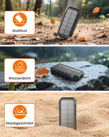 Сонячний павербанк 27000mAh, 15W, з LED-ліхтариком, 5 виходів, для iPhone та Android, чорний