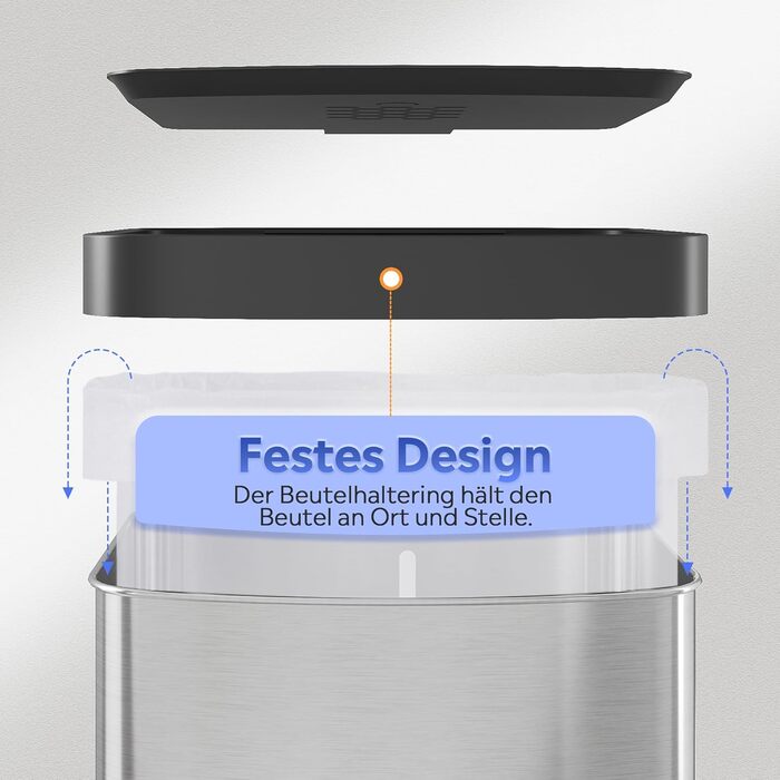 Відро для сміття WLIVE з нержавіючої сталі, 55L, з м'яким закриттям, для кухні, спальні, офісу, срібний