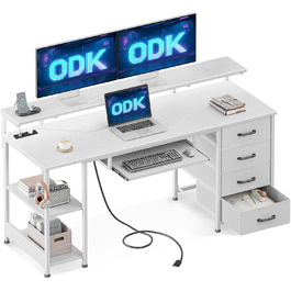 Комп'ютерний стіл ODK з 4 шухлядами, розетками та USB, полицею і висувною полицею для клавіатури, для офісу чи вітальні, білий, 140x52x92 см