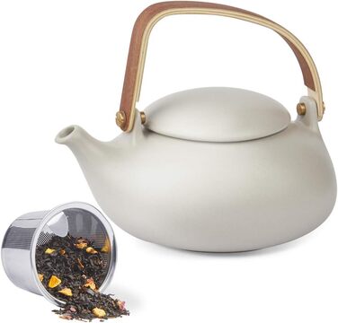 ZENS Modern Japanese Teapot, 800ml Matte White Ceramic Teapot with Infuser, Wooden Handle Small Japanese Teapot for Loose Leaf Tea, White Tea, Green Tea Steeper, Gift for Tea Lovers (02-gray Teapot)